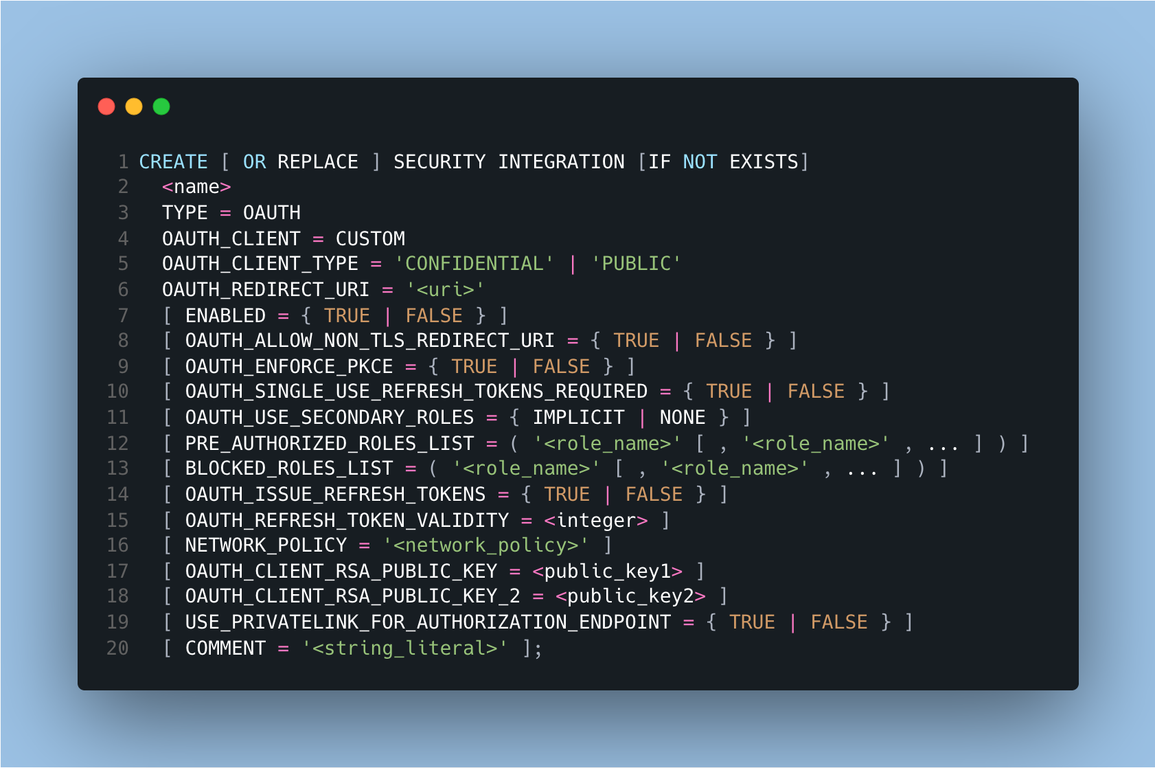Code snippet with config options for Snowflake OAuth for custom clients.