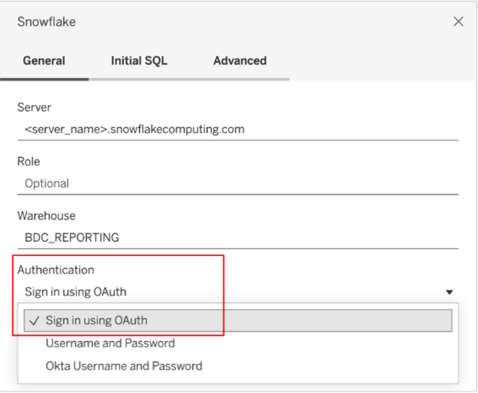 Screenshot of the Tableau connection section highlighting that in the “authentication” field the user should select “Sign in using Oauth”.