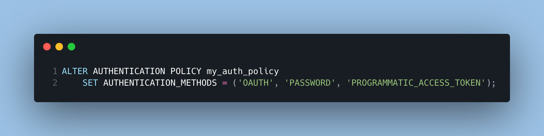 A code snippet showing the SQL command to alter the authentication policy to include OAUTH, Password and PAT.