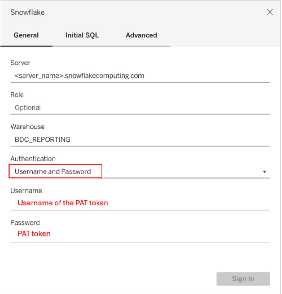 Tableau connection window highlighting the field “Authentication” with “Username and Password” selected. The field “Username” is where the username of the PAT token should be inputted, and the field “Password” is where the PAT token should be inputted.