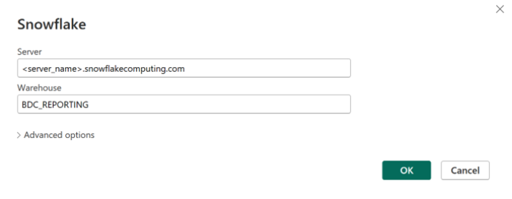 Screenshot of the first PowerBI connection window showing the fields “server” and “warehouse” with placeholder inputs.