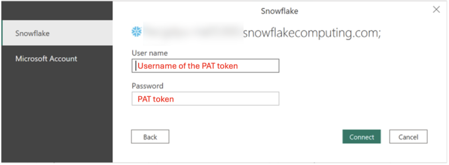 Screenshot of the second PowerBI connection window highlighting that the field “User name” is where the username of the PAT token should be inputted, and the field “Password” is where the PAT token should be inputted.