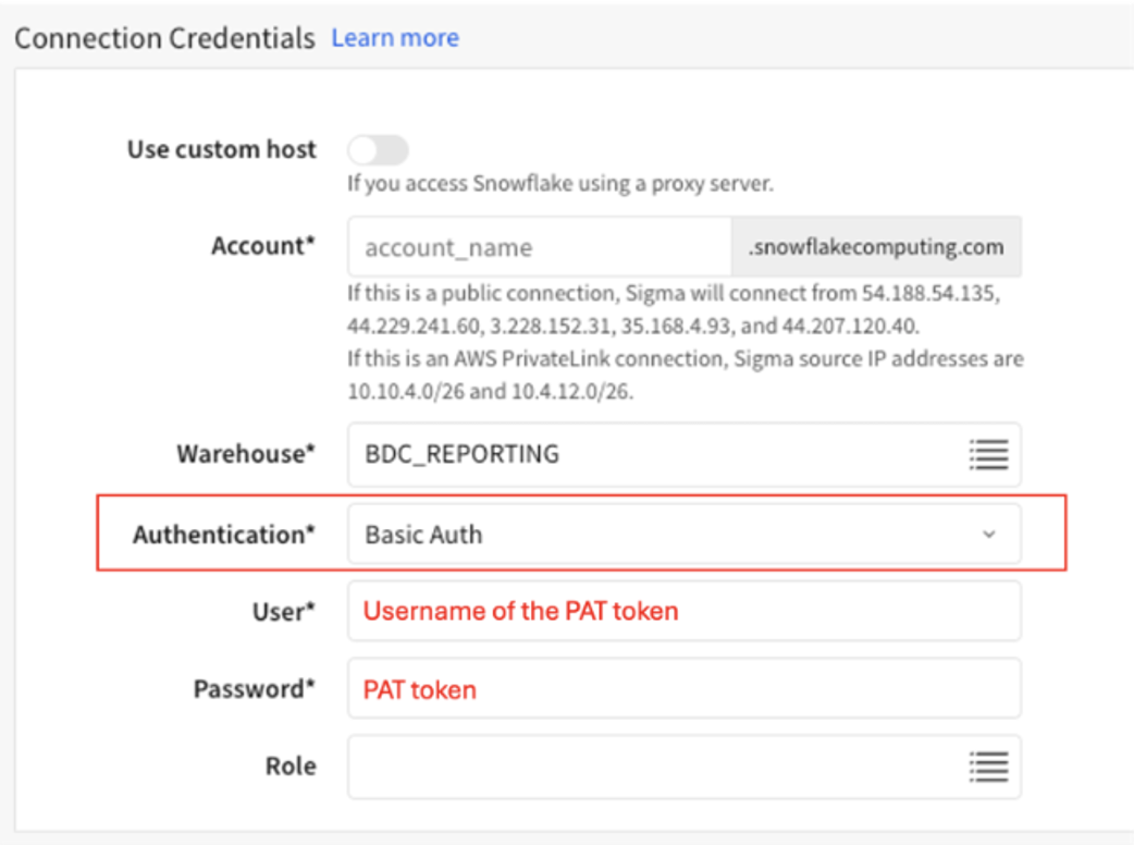 Screenshot of the Sigma connection section highlighting that in the “authentication” field the user should select “Basic Auth”. Below that, the field “User” is where the username of the PAT token should be inputted, and the field “Password” is where the PAT token should be inputted.